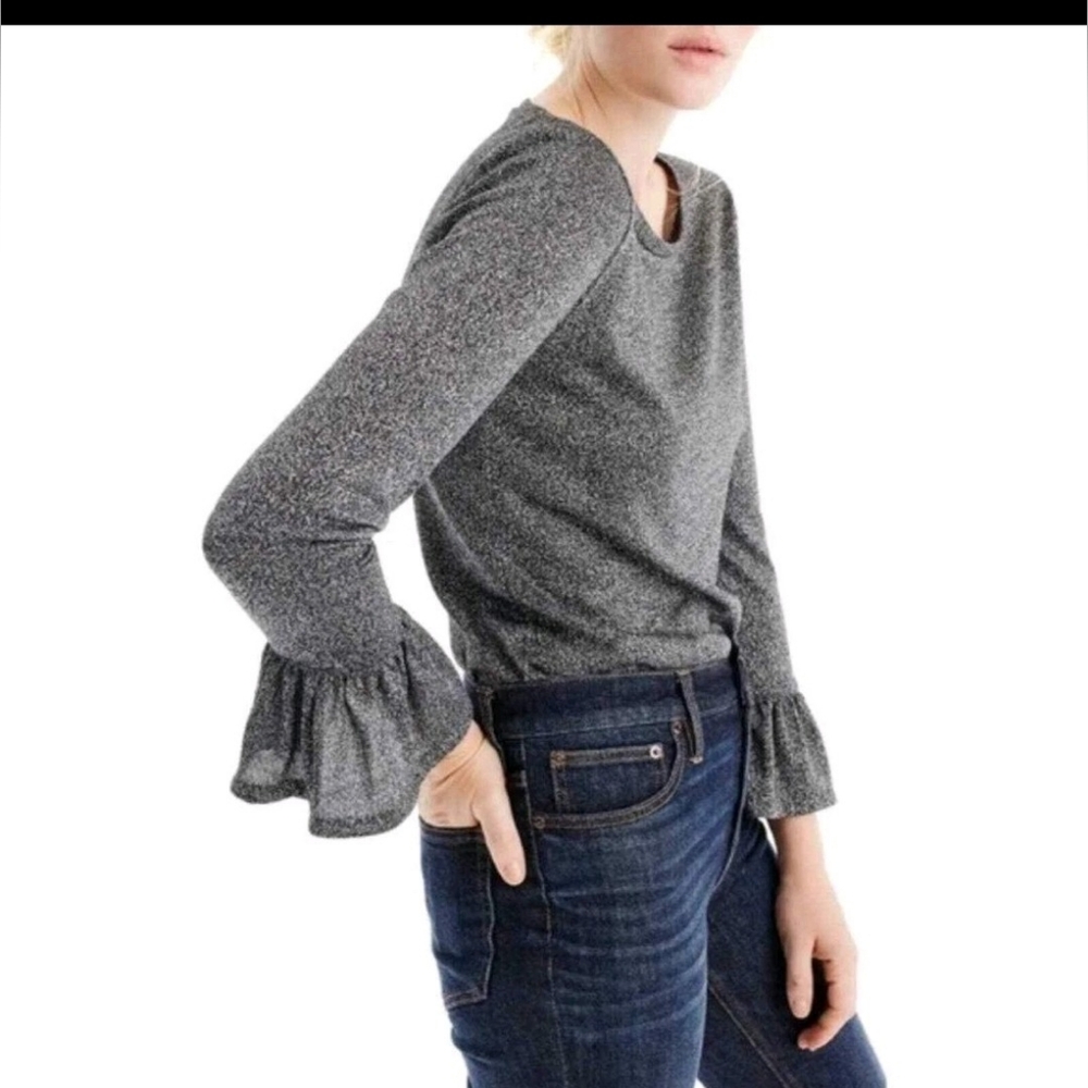 J. Crew Blouse - Silver Metallic - Flutter Bell Sleeve - Sparkly - Size L